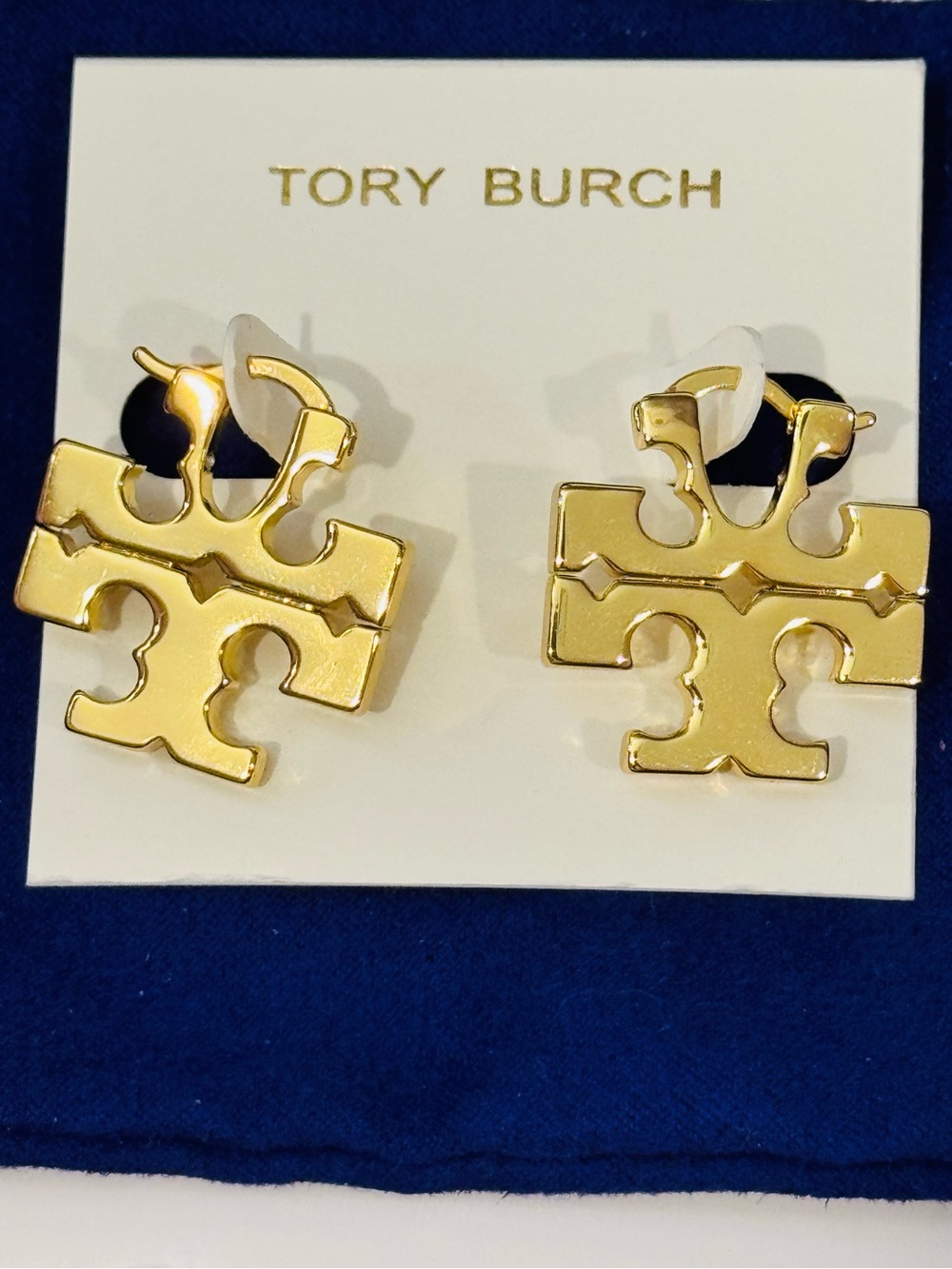 NWT Tory Burch Gold Tone Logo Huggie Hoop Earrings